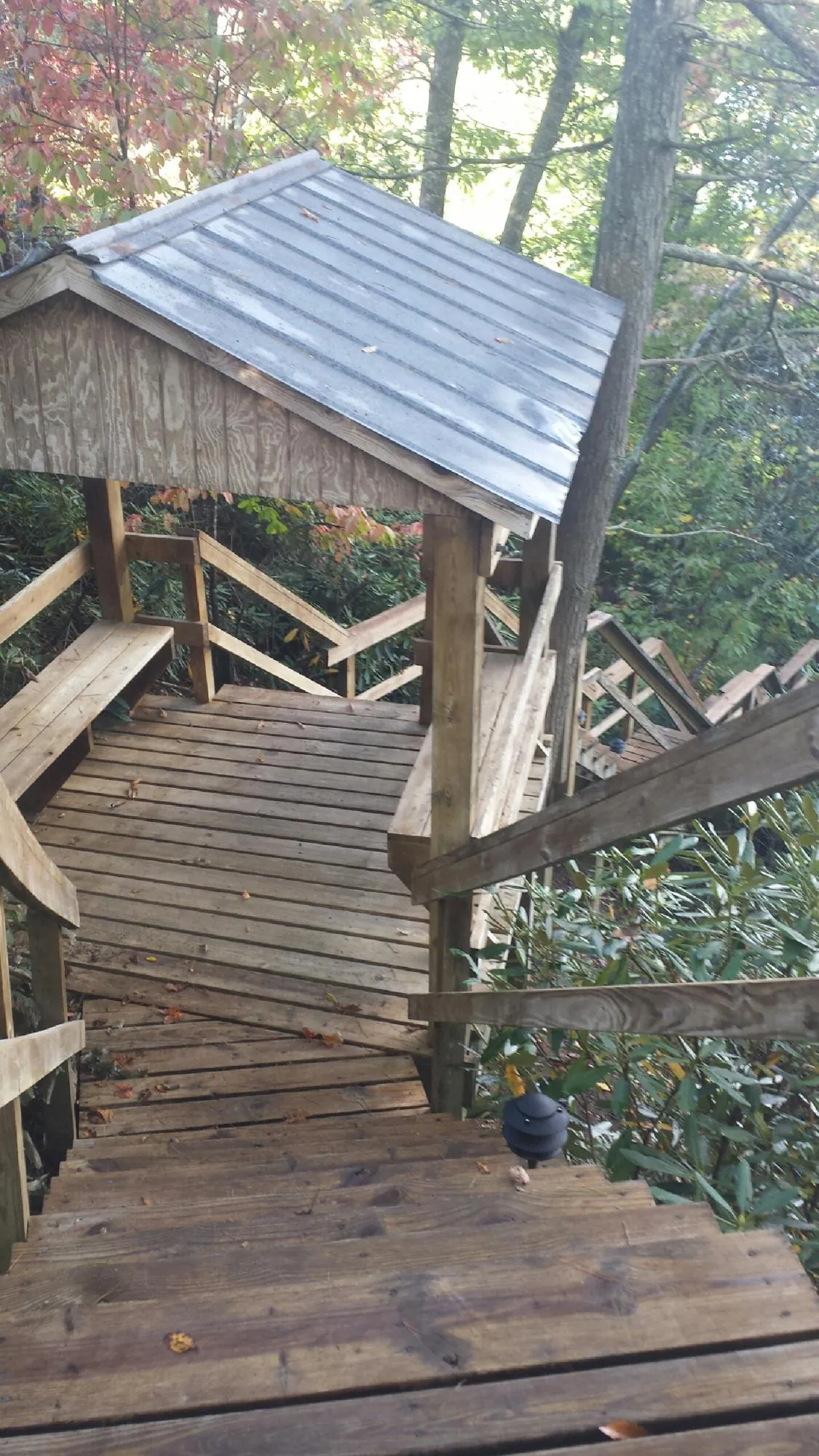 Metal roofed shelter over wooden steps on a wooded walkway — Skylight Repair & Installation work by our crew in Pierce